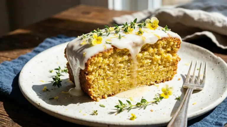 Stunning plated serving of Citrus & Thyme Sunshine Cake, a chef-tested recipe by Chef Jorj Morgan.