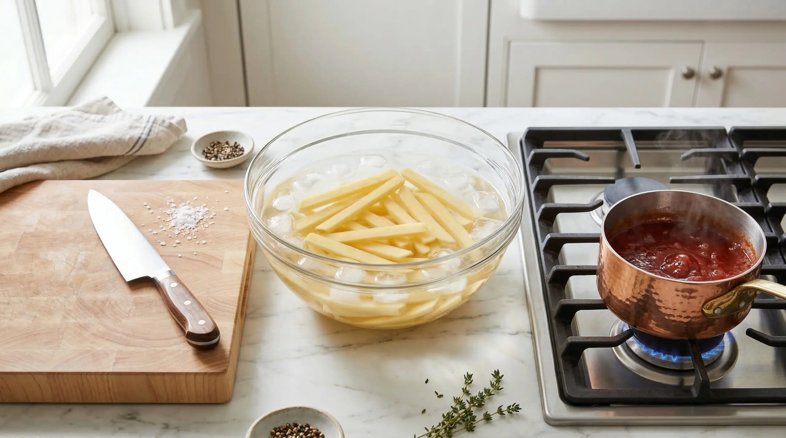 Classic French fries soaking in cold water to remove excess starch