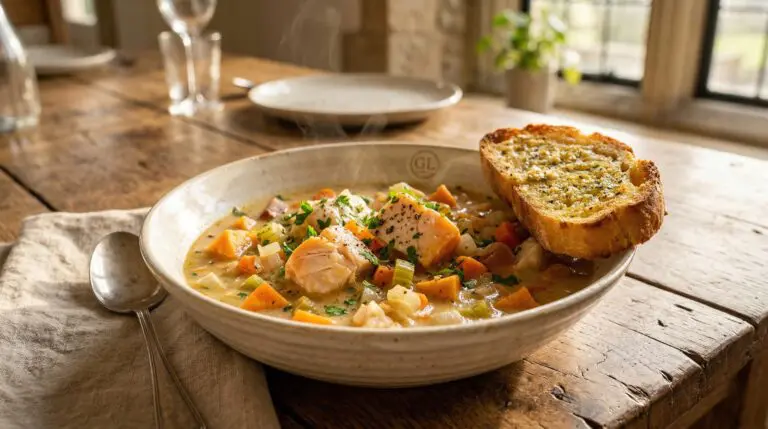 Stunning plated serving of Coastal Swordfish & Root Vegetable Chowder, a chef-tested recipe by Chef Jorj Morgan.