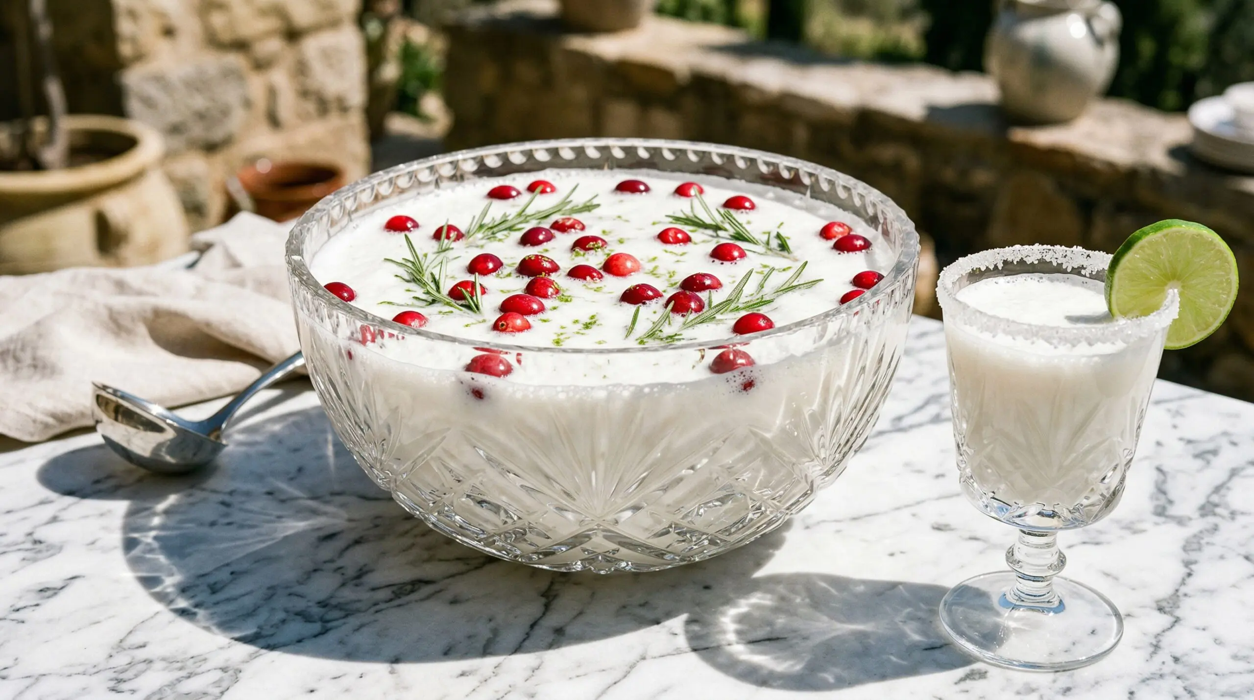 Stunning plated serving of Coconut Margarita Punch, a chef-tested recipe by Chef Jorj Morgan.