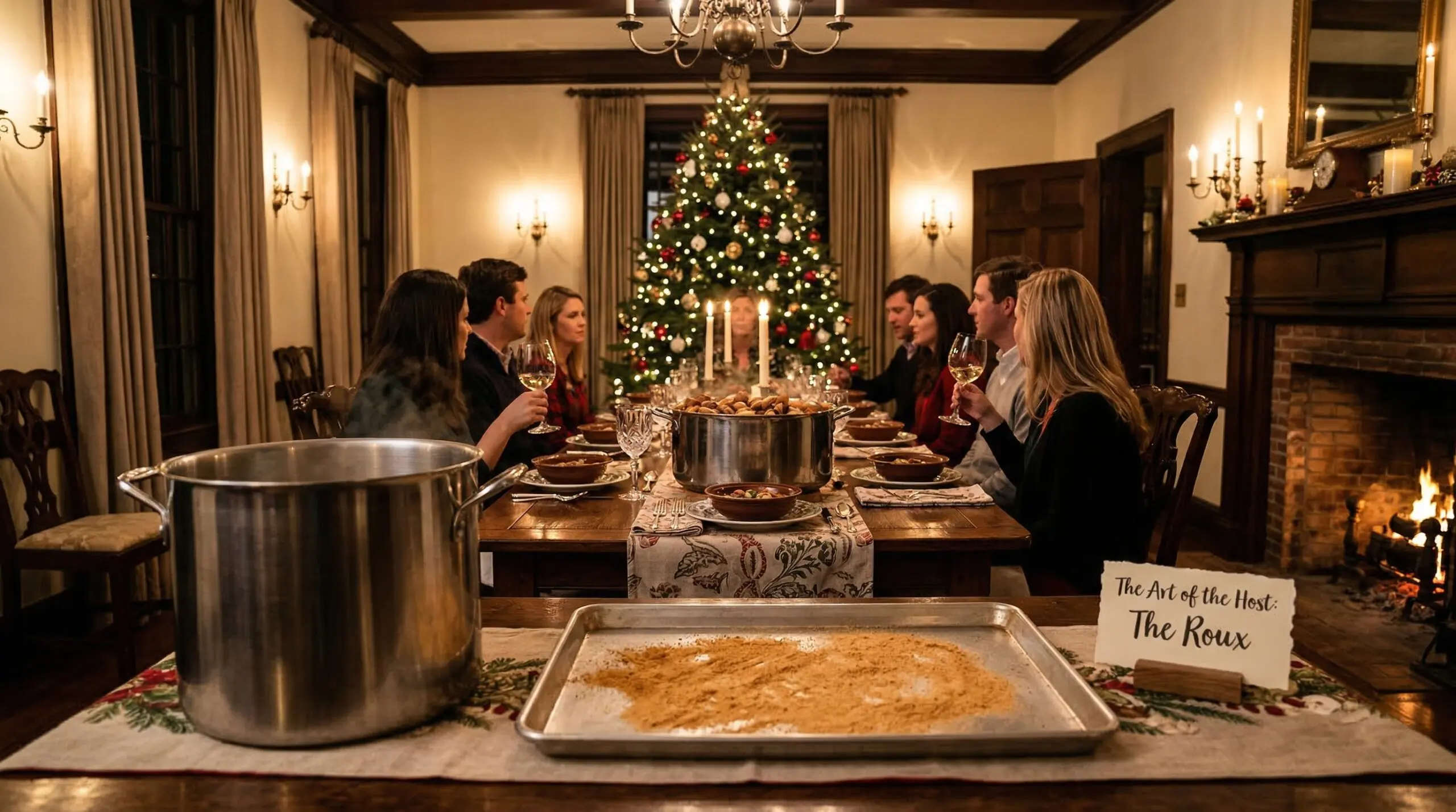 Festive Christmas Eve dinner for eight featuring a large steaming pot of gumbo and warm holiday light