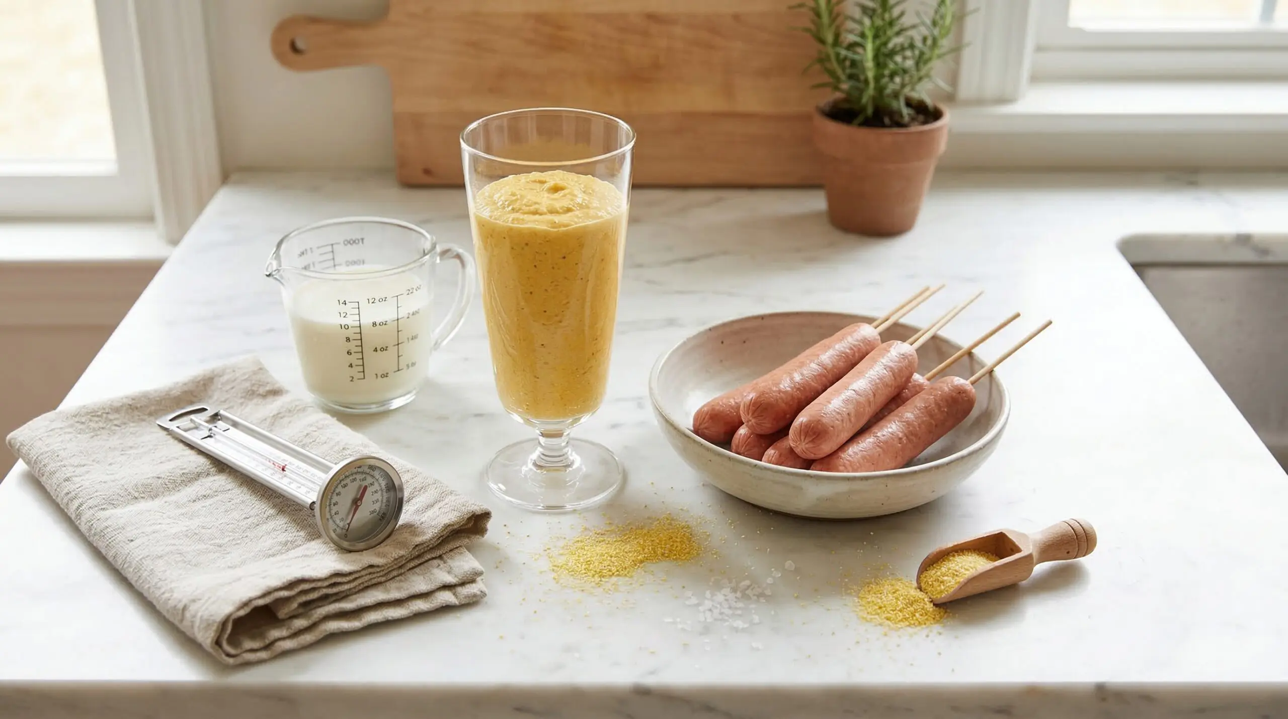A tall glass of thick cornmeal batter next to skewered hot dogs
