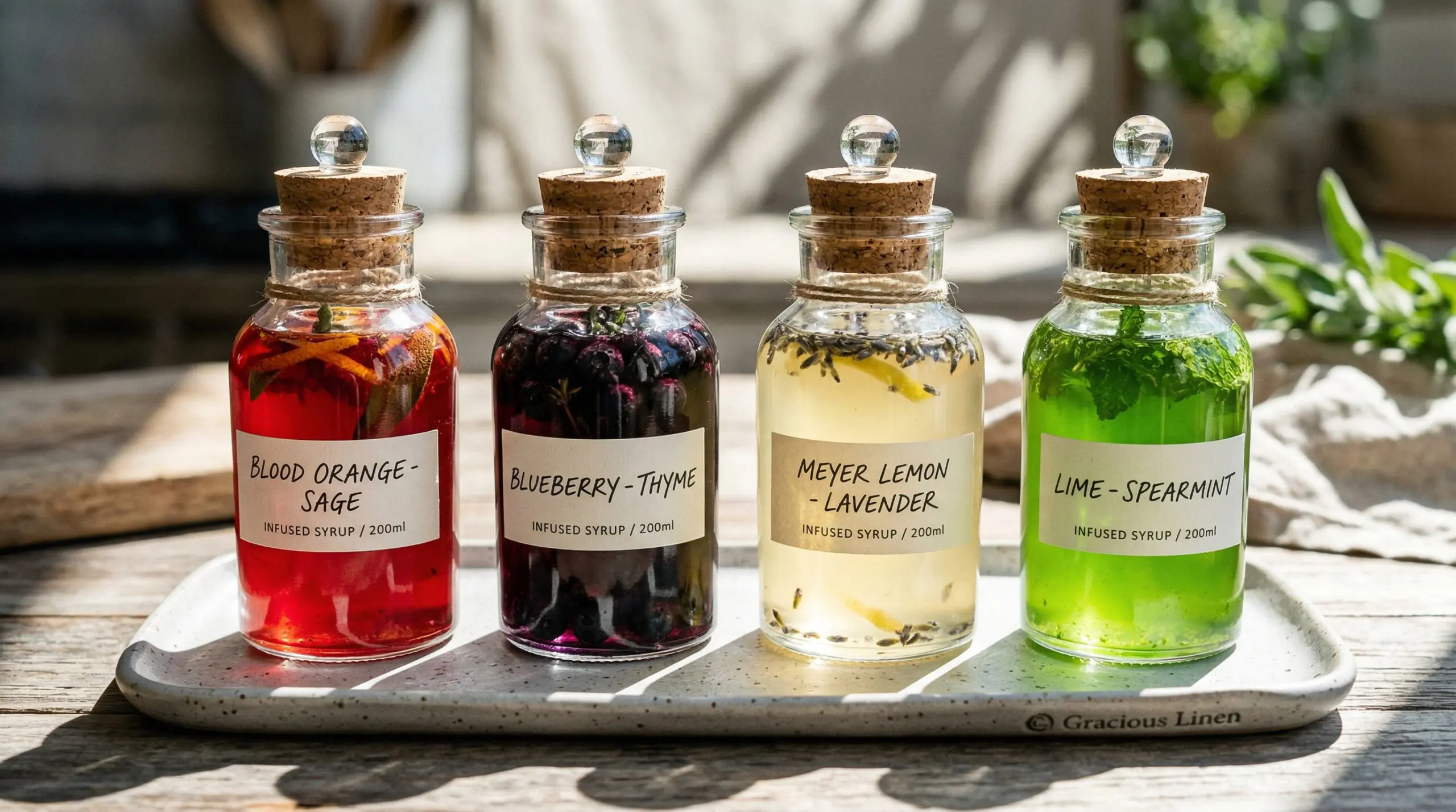 Stunning plated serving of Craft-Infused Simple Syrups (Orange, Blueberry, Lemon, and Lime), a chef-tested recipe by Chef Jorj Morgan.