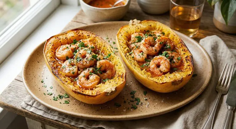 Stunning plated serving of Creole Shrimp Roasted Spaghetti Squash Boats, a chef-tested recipe by Chef Jorj Morgan.