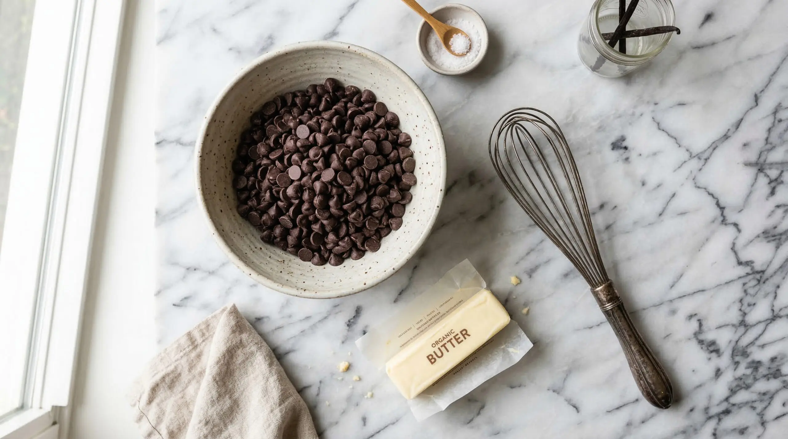 Premium dark chocolate chips and a vintage silver whisk in a ceramic prep bowl