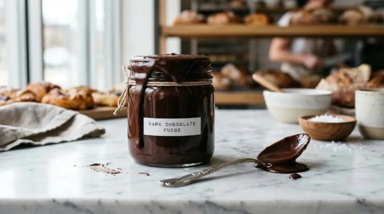 Stunning plated serving of Rich Dark Chocolate Fudge Sauce, a chef-tested recipe by Chef Jorj Morgan.