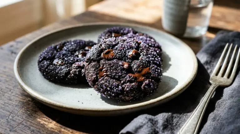 Stunning plated serving of Dark Chocolate & Wild Blueberry Cookies, a chef-tested recipe by Chef Jorj Morgan.