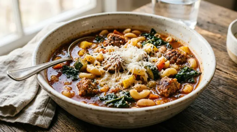 Stunning plated serving of Italian Minestrone Soup with Sausage & Vegetables, a chef-tested recipe by Chef Jorj Morgan.