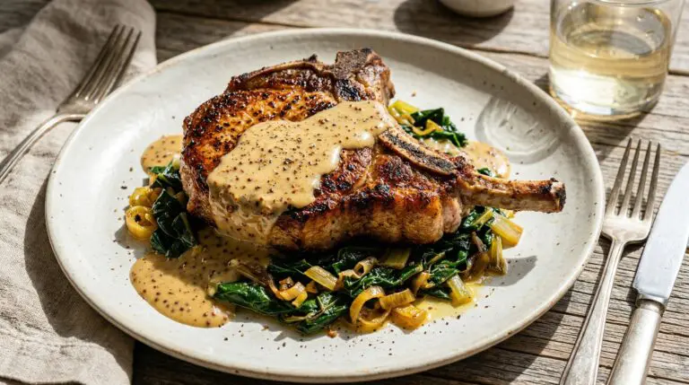 Stunning plated serving of Fried Pork Chops with Sautéed Swiss Chard & Mustard Gravy, a chef-tested recipe by Chef Jorj Morgan.