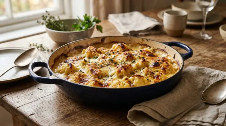Stunning plated serving of Garlic-Roasted Cauliflower in Cheese Sauce, a chef-tested recipe by Chef Jorj Morgan.