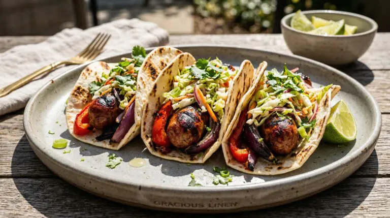 Stunning plated serving of Grilled Bratwurst Tacos, a chef-tested recipe by Chef Jorj Morgan.