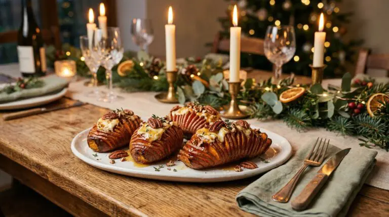 Stunning plated serving of Honey & Goat Cheese Hasselback Sweet Potatoes, a chef-tested recipe by Chef Jorj Morgan.