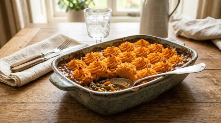 Stunning plated serving of Heavenly Shepherd’s Pie with Sweet Potato, a chef-tested recipe by Chef Jorj Morgan.