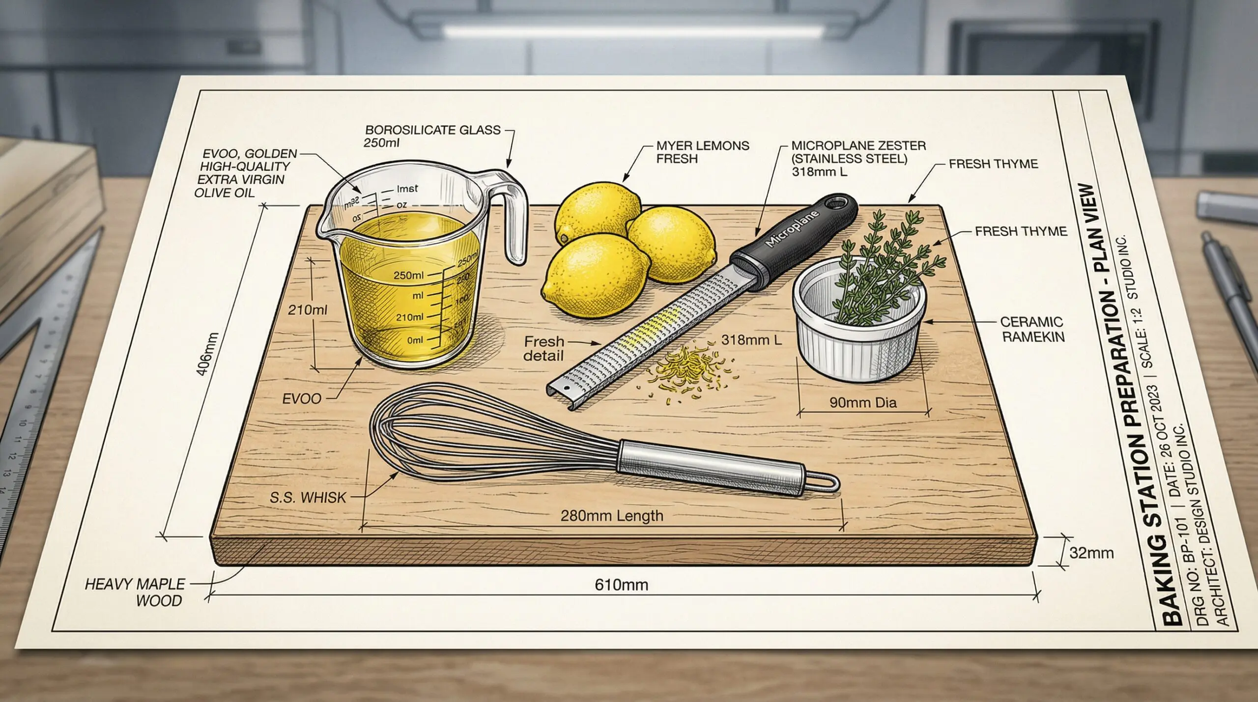 A heavy glass measuring cup filled with golden extra virgin olive oil resting next to a microplane zester, bright yellow Meyer lemons, and fresh thyme sprigs