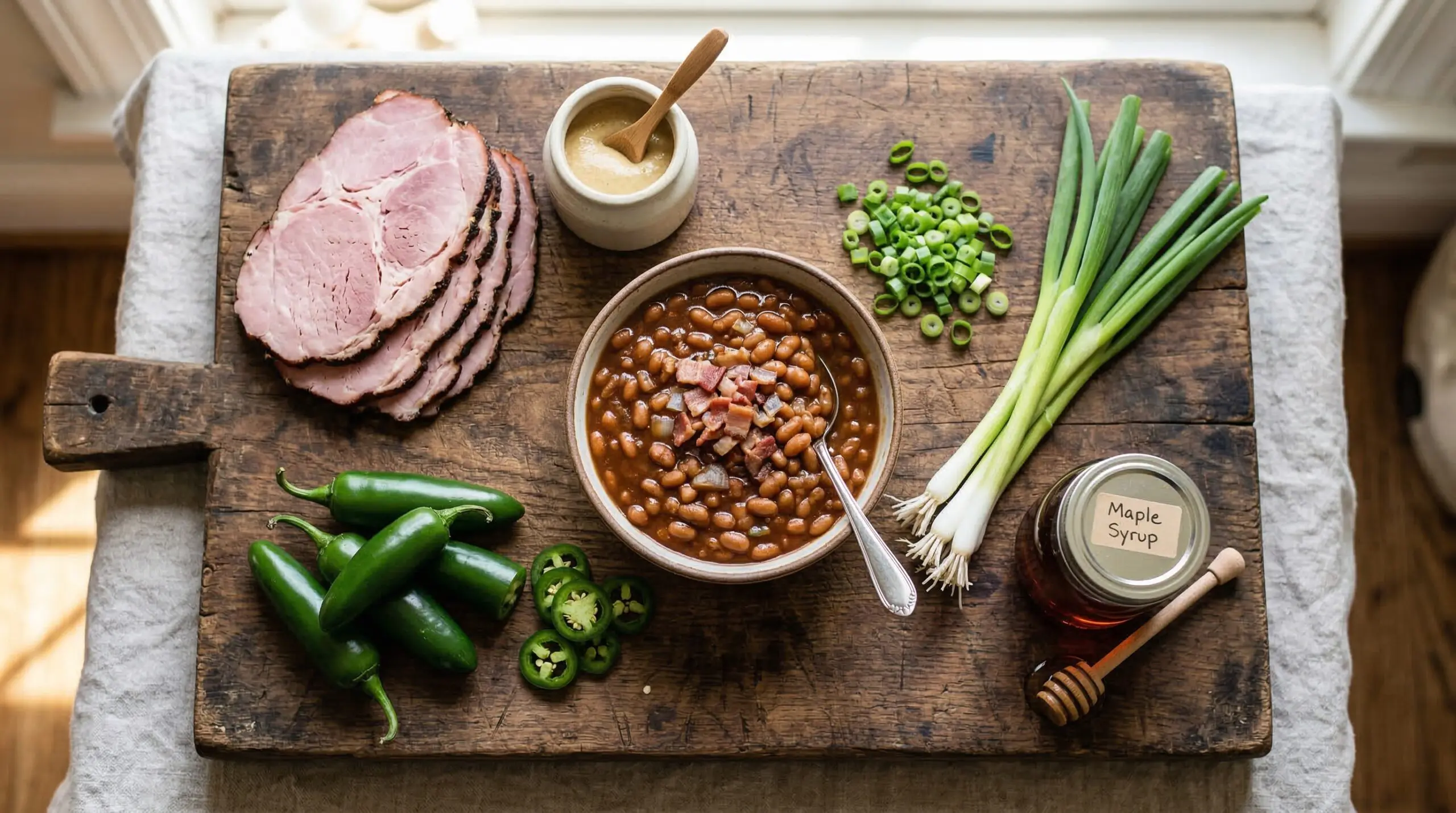 Southern breakfast preparation including thick deli ham, beans, jalapeu00f1os, and maple-mustard butter