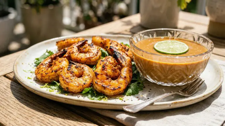 Stunning plated serving of Marinated Shrimp & Ginger-Peanut Dipping Sauce, a chef-tested recipe by Chef Jorj Morgan.