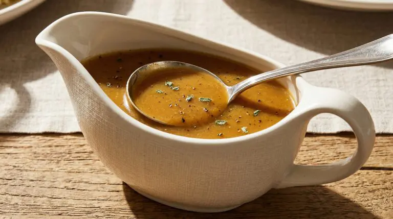 Stunning plated serving of Master Turkey Gravy, a chef-tested recipe by Chef Jorj Morgan.