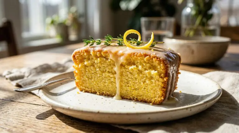 Stunning plated serving of Meyer Lemon Olive Oil Cake, a chef-tested recipe by Chef Jorj Morgan.
