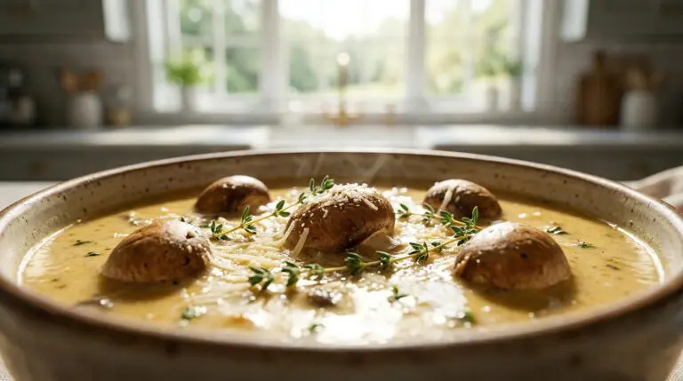 Stunning plated serving of Cream of Bella n’ Cremini Mushroom Soup, a chef-tested recipe by Chef Jorj Morgan.