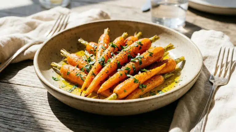 Stunning plated serving of Olive Oil Poached Carrots, a chef-tested recipe by Chef Jorj Morgan.