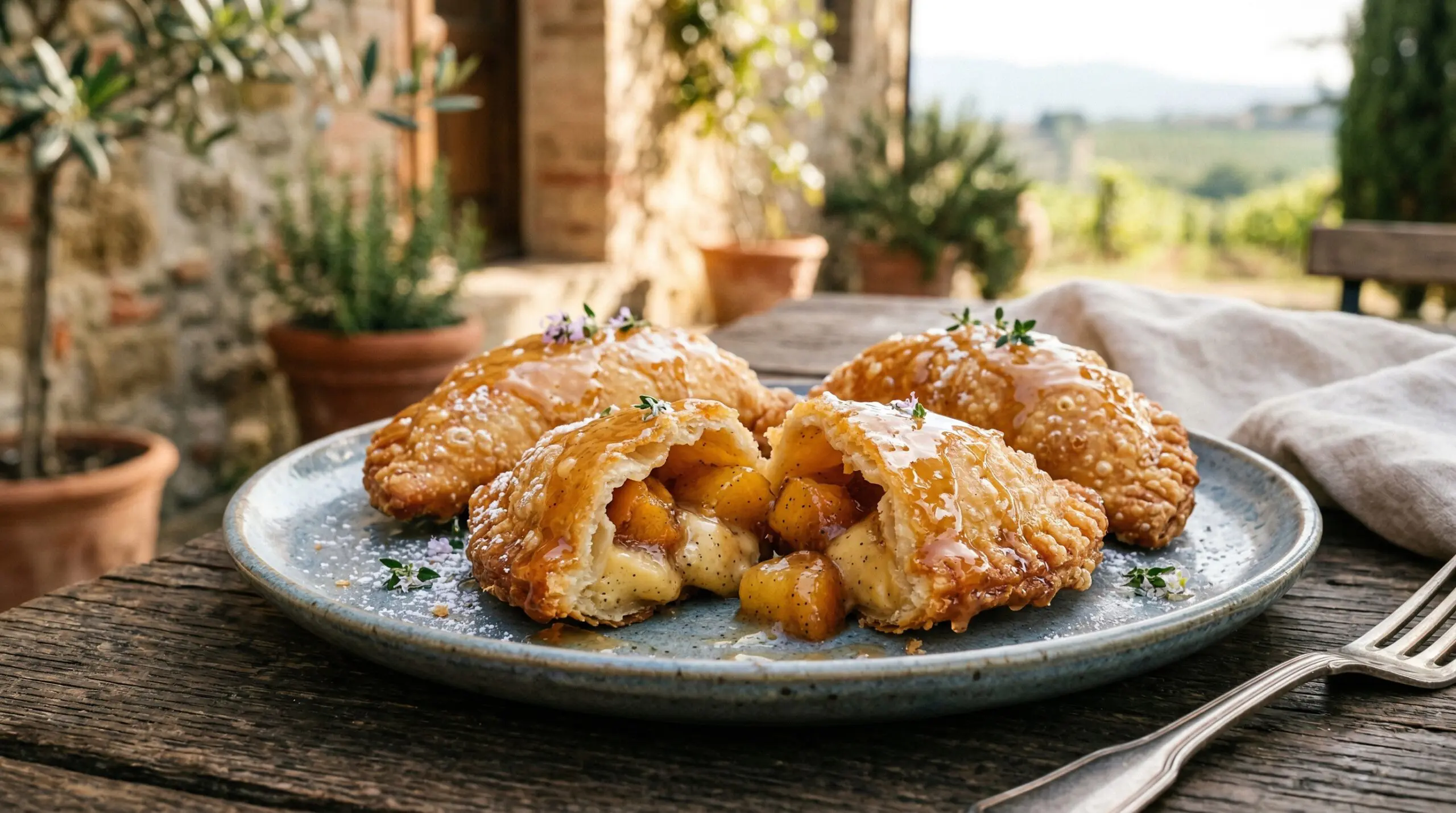 Stunning plated serving of Peach Empanadas with Bourbon Preserves, a chef-tested recipe by Chef Jorj Morgan.