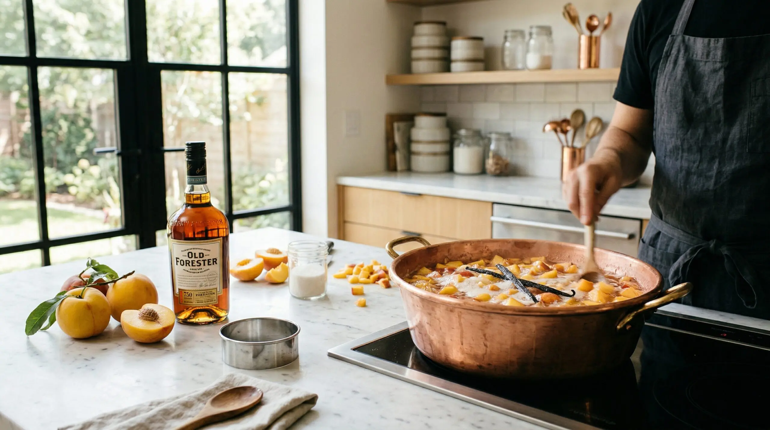 Technical preparation of fresh peach preserves with bourbon and vanilla bean on a marble station