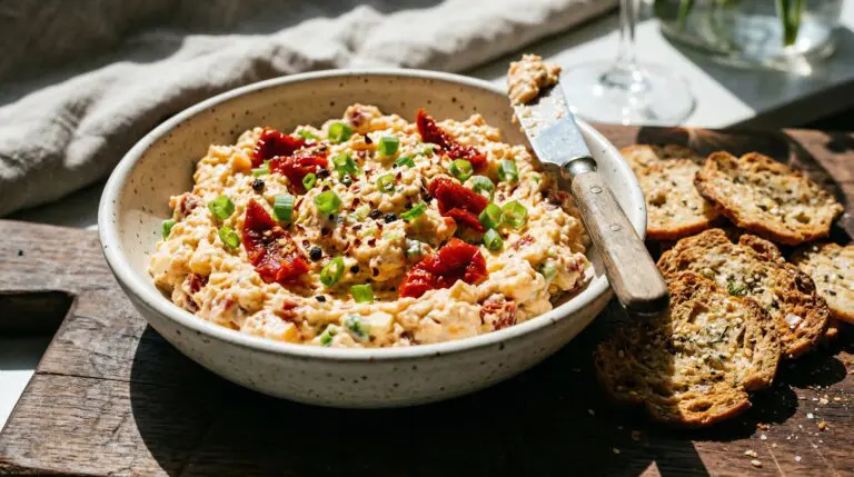 Stunning plated serving of Pimento Cheese & Sun-Dried Tomato Dip, a chef-tested recipe by Chef Jorj Morgan.