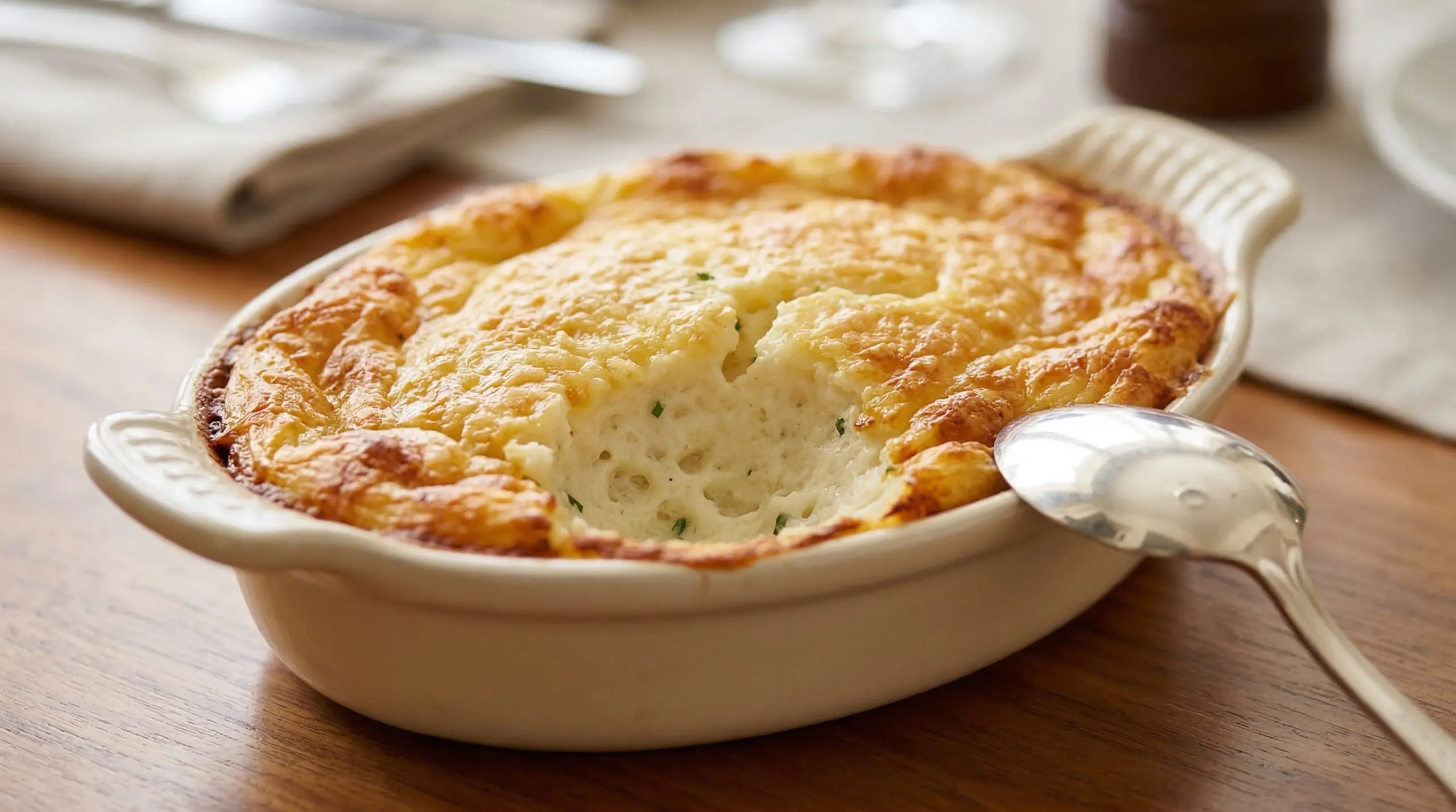 Individual ceramic gratin dish featuring golden-brown Pommes de Terre Chantilly