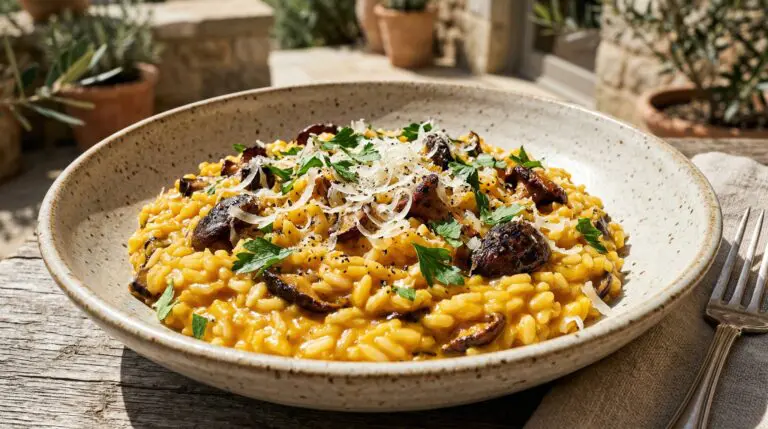 Stunning plated serving of Pumpkin & Wild Mushroom Risotto, a chef-tested recipe by Chef Jorj Morgan.