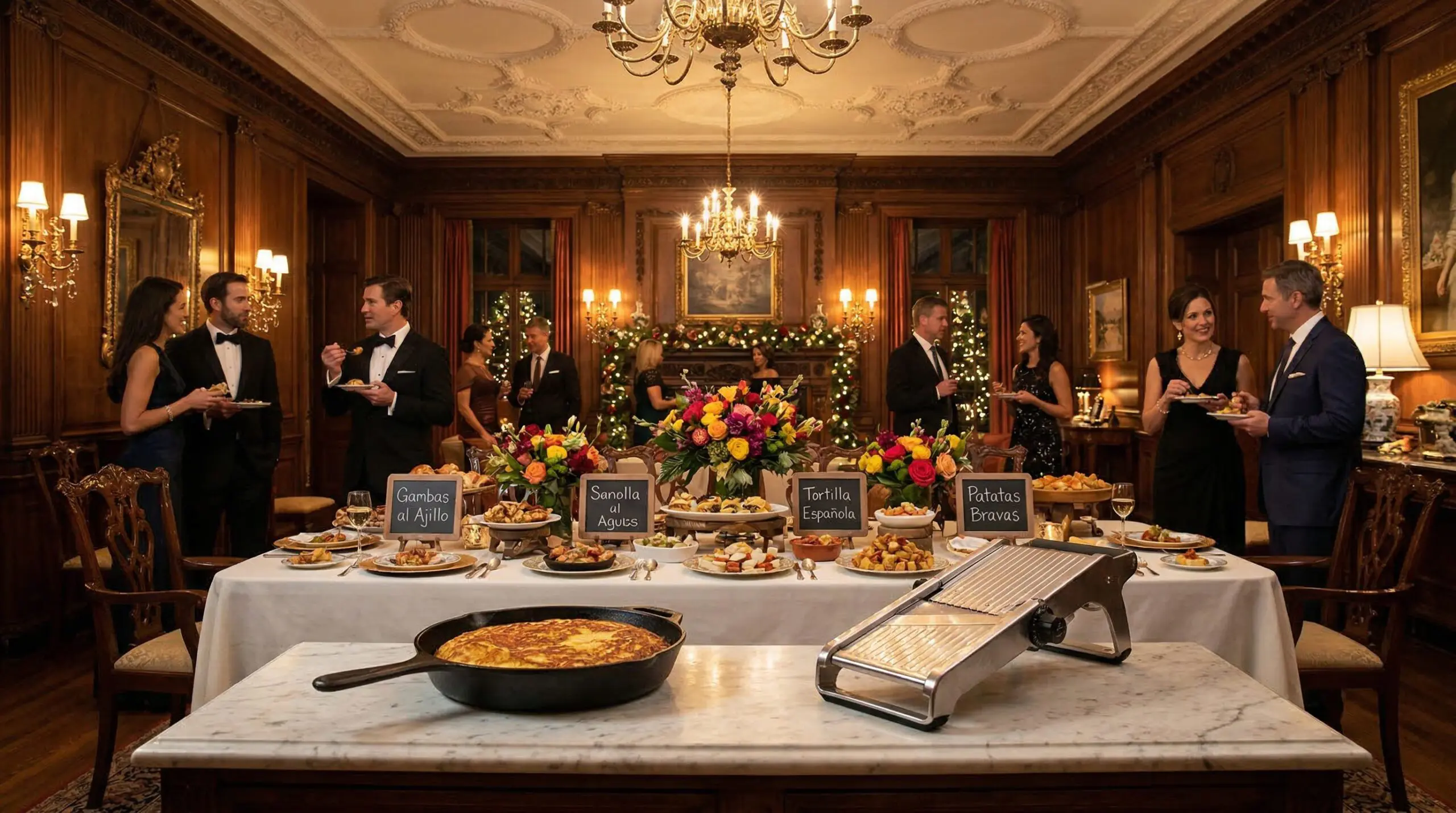 Glamorous estate tapas buffet for eight featuring vibrant flowers, slateidentifiers, and abundant small plates