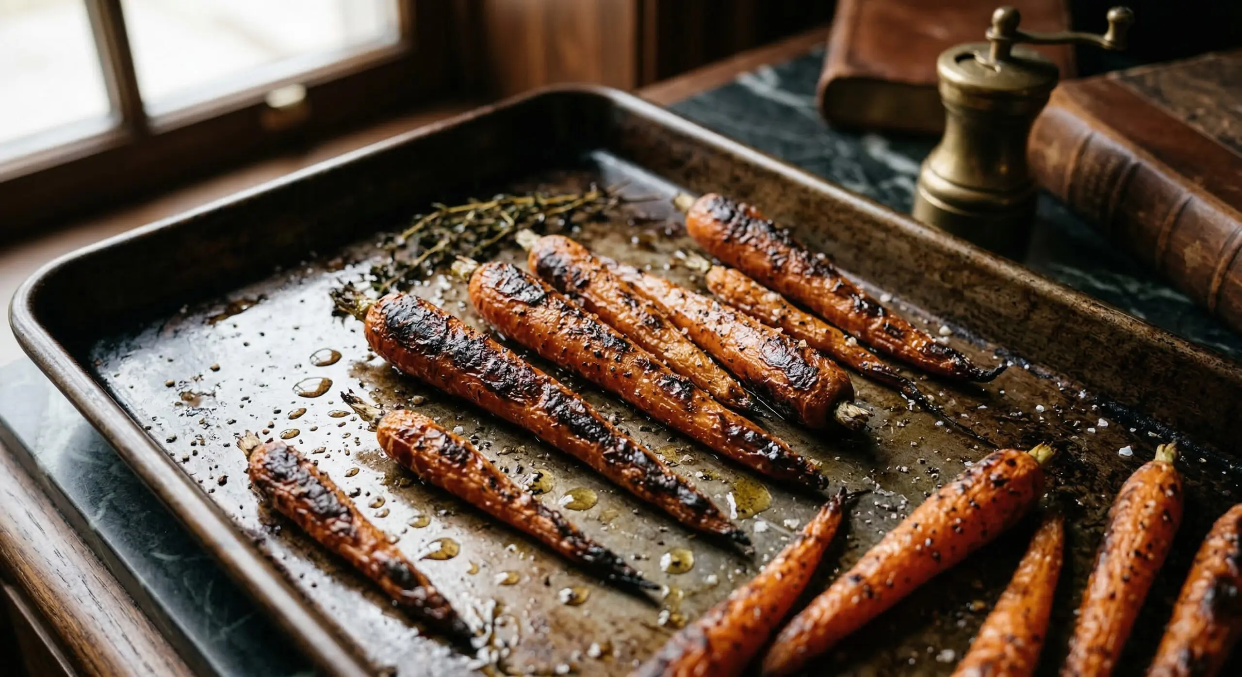 Whole carrots roasted to a deep, caramelized char on a baking sheet