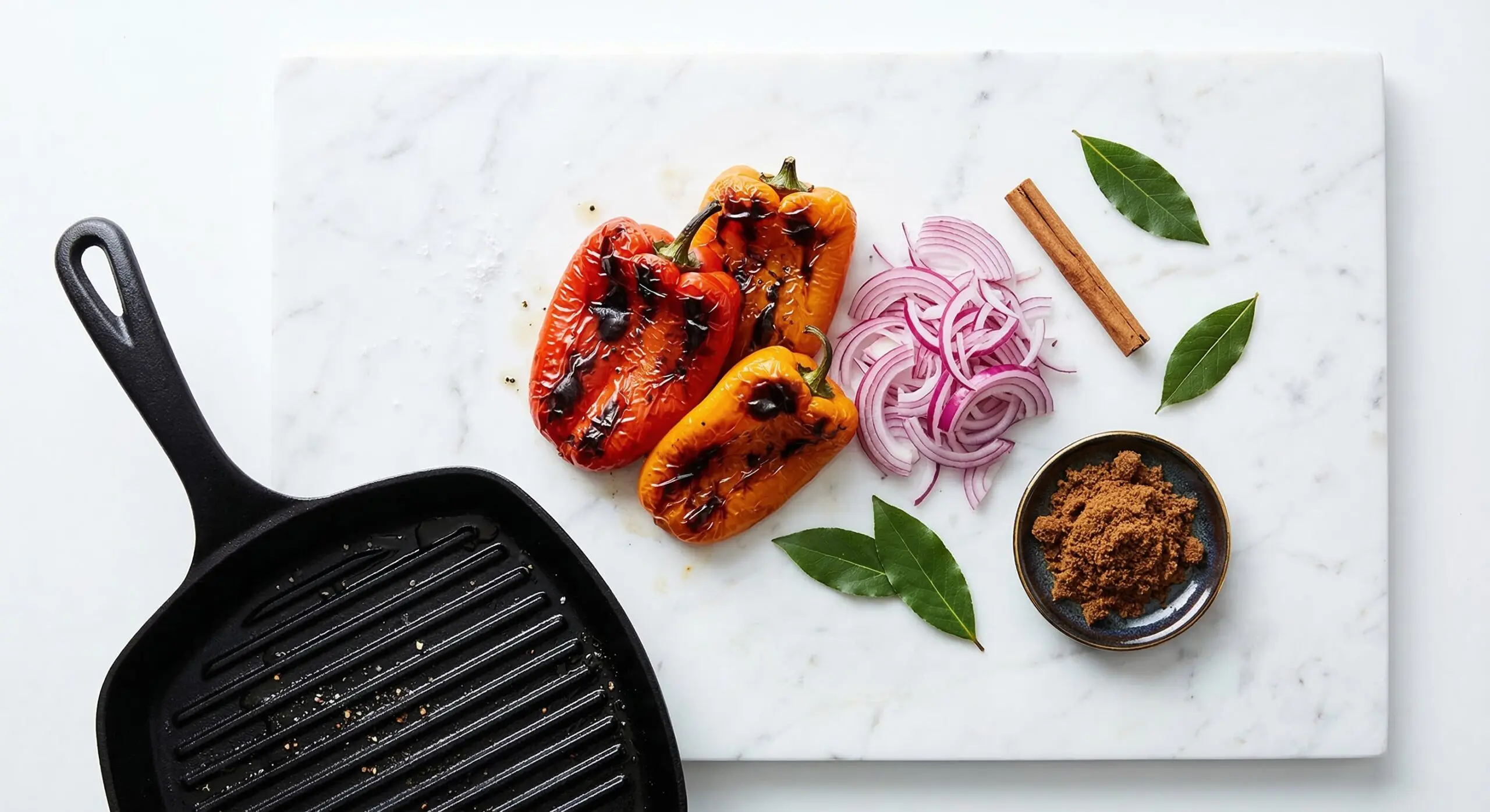 Blistered, charred red and orange peppers being prepped for the chutney foundation