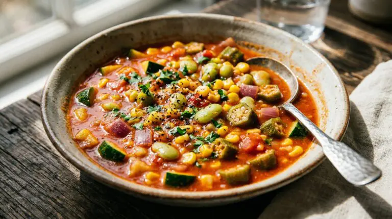 Stunning plated serving of Saucy Southern Succotash, a chef-tested recipe by Chef Jorj Morgan.