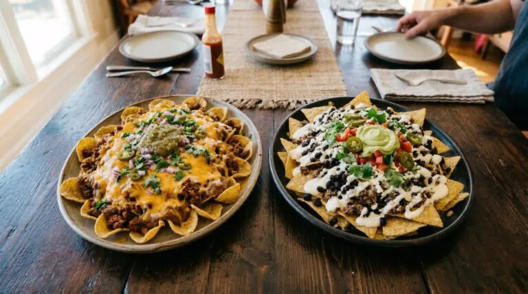 Stunning plated serving of Loaded Nachos with Sausage & Refried Beans, a chef-tested recipe by Chef Jorj Morgan.