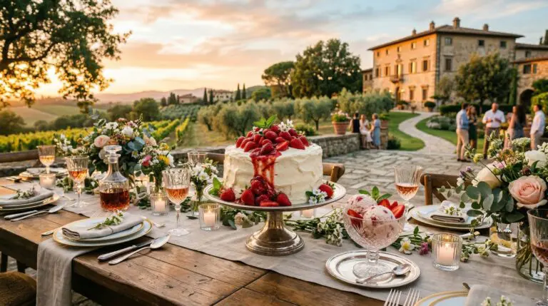 Stunning plated serving of Strawberry Fields Layer Cake & Ice Cream, a chef-tested recipe by Chef Jorj Morgan.