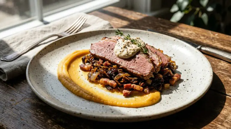 Stunning plated serving of Slow-Cooker Corned Beef with Root Vegetable Puree, a chef-tested recipe by Chef Jorj Morgan.