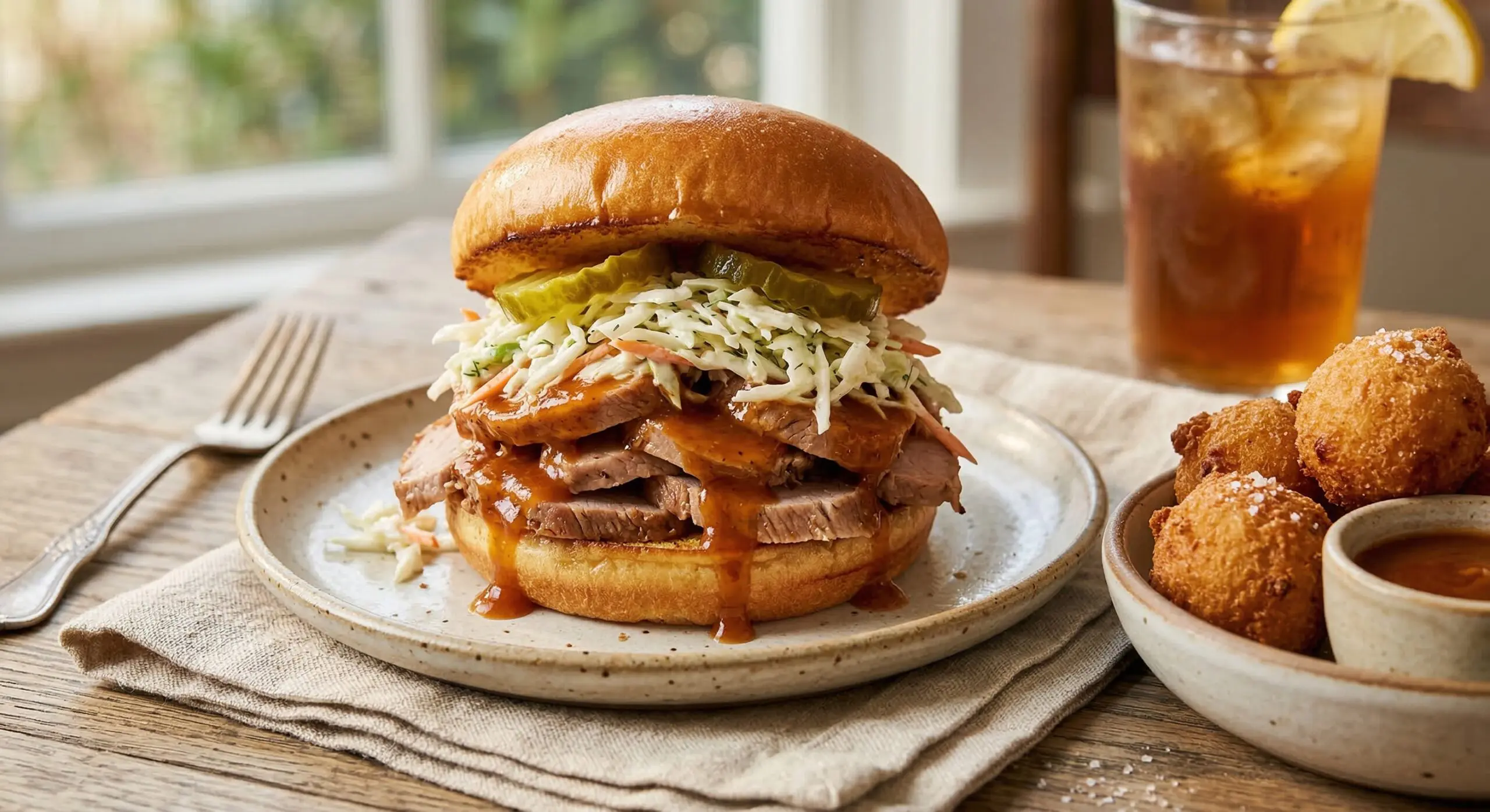 Stunning plated serving of Slow-Roasted Pork Tenderloin BBQ Sandwiches, a chef-tested recipe by Chef Jorj Morgan.