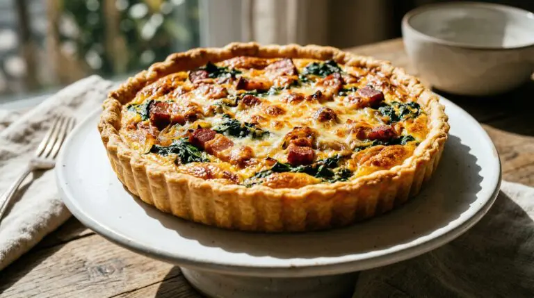 Stunning plated serving of Smoked Gruyere & Bacon Tart, a chef-tested recipe by Chef Jorj Morgan.