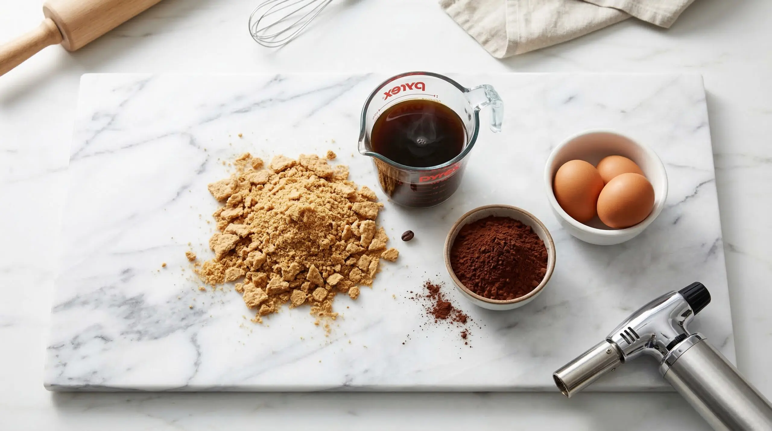 Structural components for s'mores cupcakes including graham cracker crumbs, rich cocoa, and a professional kitchen torch