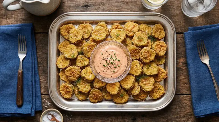 Stunning plated serving of Crispy Fried Pickles with Southern Comeback Sauce, a chef-tested recipe by Chef Jorj Morgan.