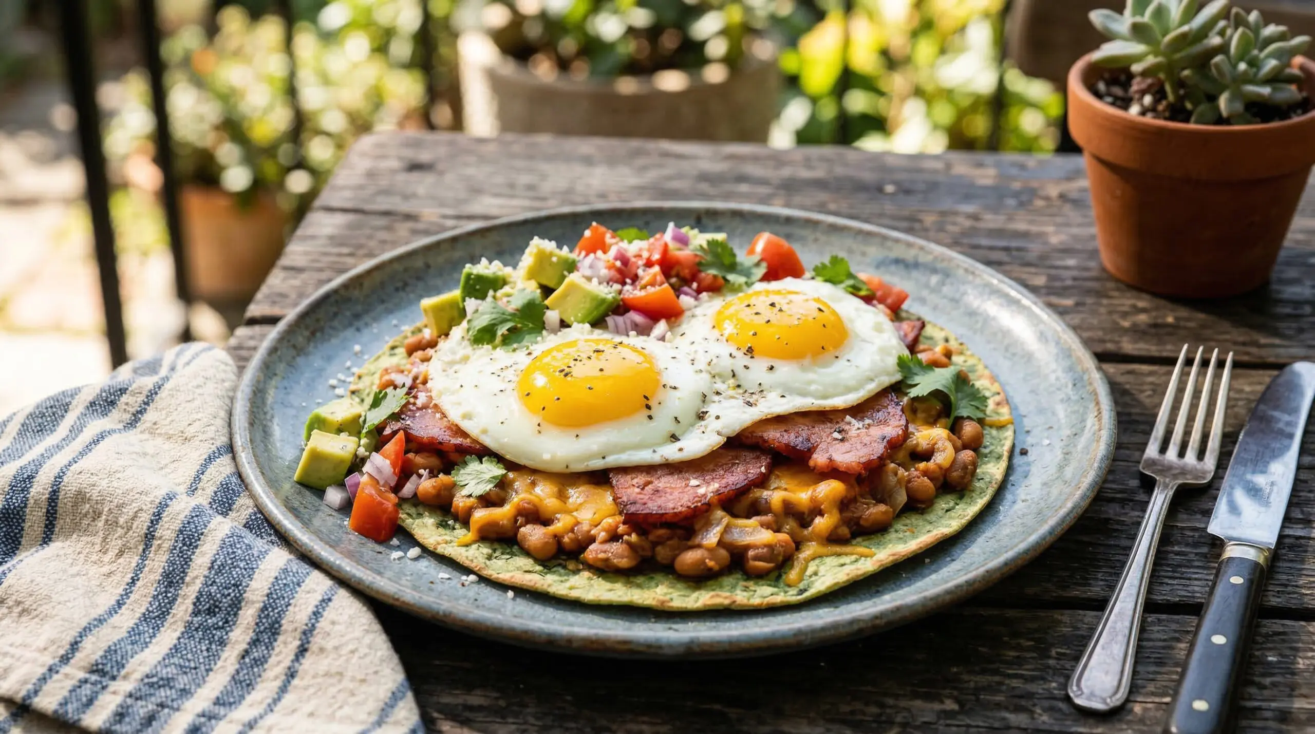 Stunning plated serving of Southern Huevos Rancheros, a chef-tested recipe by Chef Jorj Morgan.