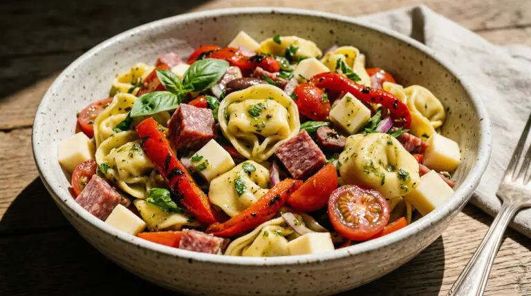 Stunning plated serving of Southwestern Tortellini Pasta Salad, a chef-tested recipe by Chef Jorj Morgan.