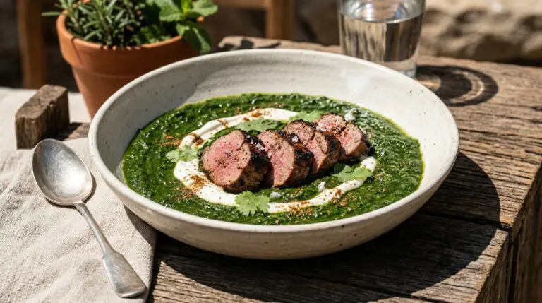 Stunning plated serving of Spicy Lamb Saag, a chef-tested recipe by Chef Jorj Morgan.