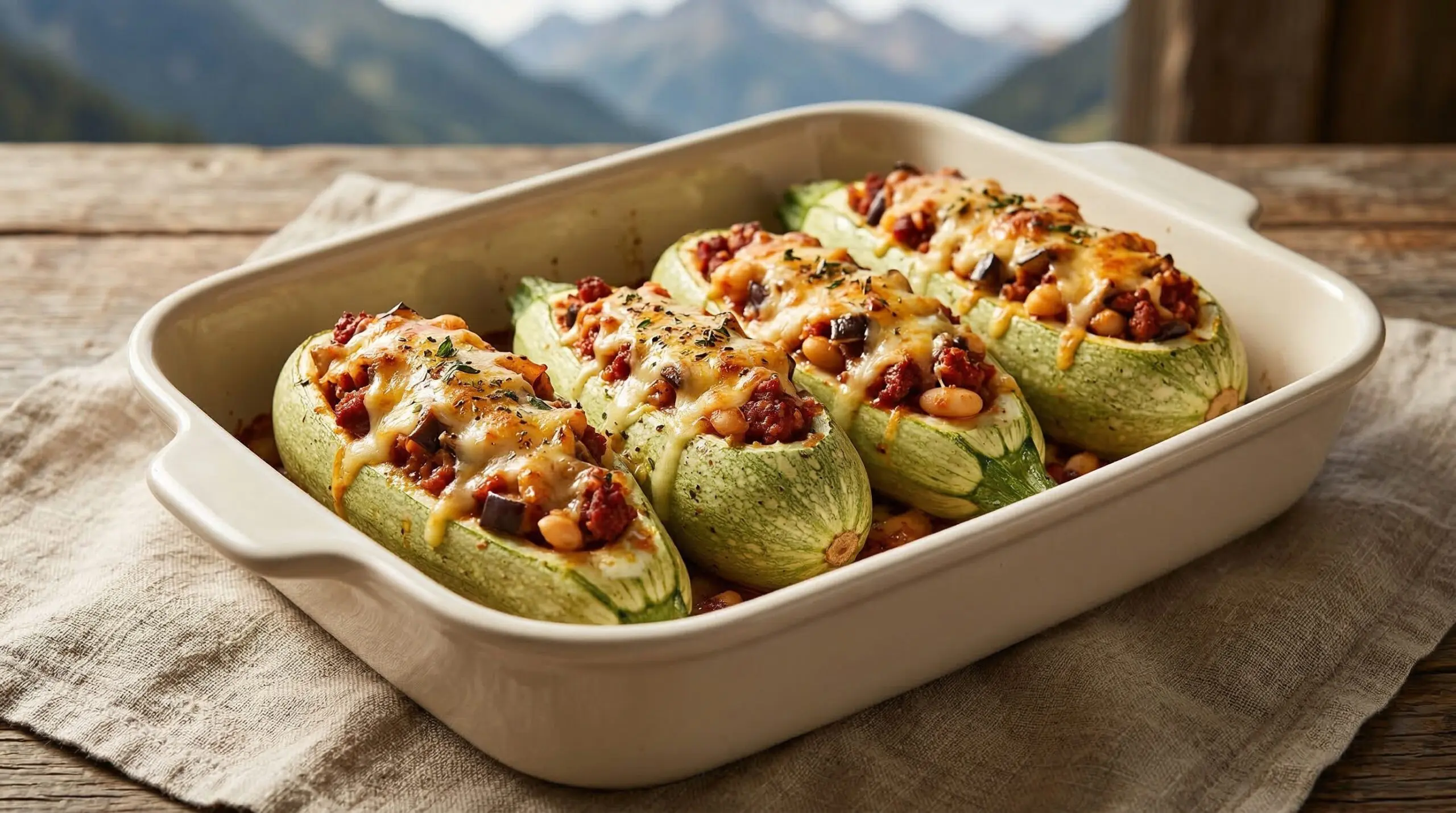 Stunning plated serving of Stuffed Cousa Squash With Smoky Chorizo and White Beans, a chef-tested recipe by Chef Jorj Morgan.