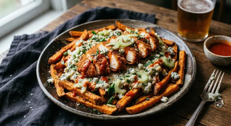 Stunning plated serving of Sweet Potato Fries with Crispy Buffalo Chicken & Blue Cheese Gravy, a chef-tested recipe by Chef Jorj Morgan.