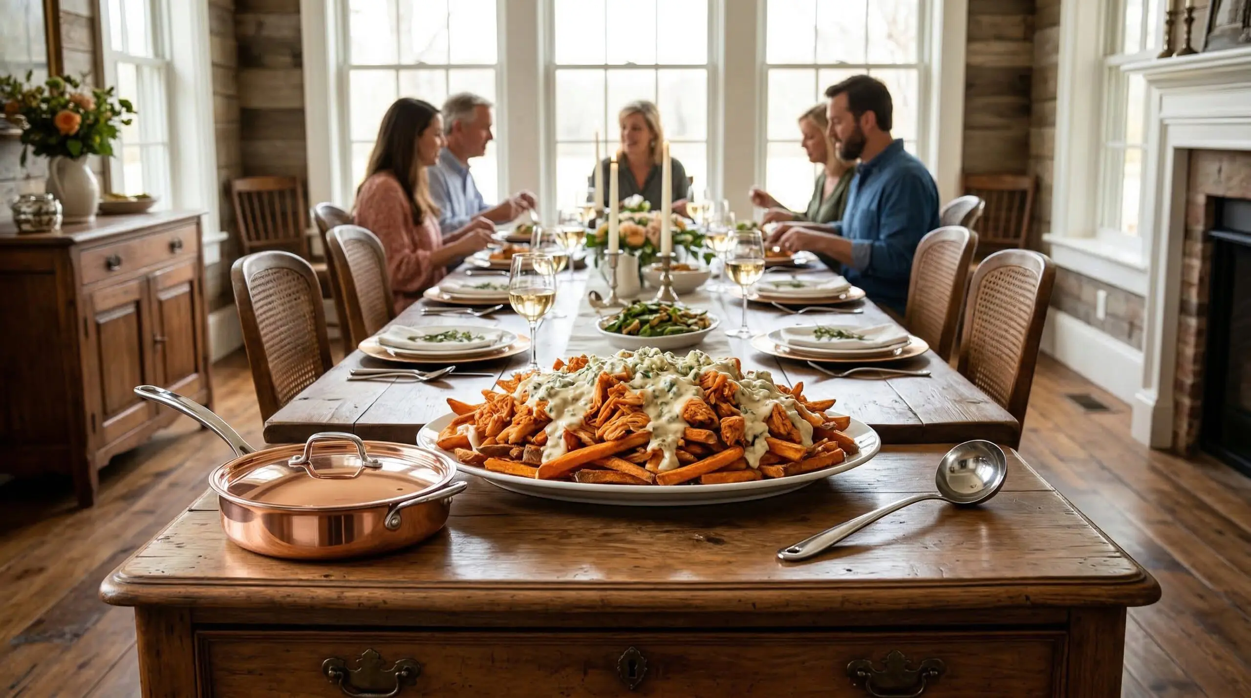 Intimate veranda table setting featuring crispy sweet potato fries with buffalo chicken and blue cheese gravy, with a dinner party of 8 in the background