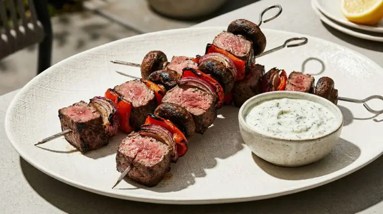 Stunning plated serving of Beef Tenderloin Steak Kabobs with Greek Tzatziki Sauce, a chef-tested recipe by Chef Jorj Morgan.