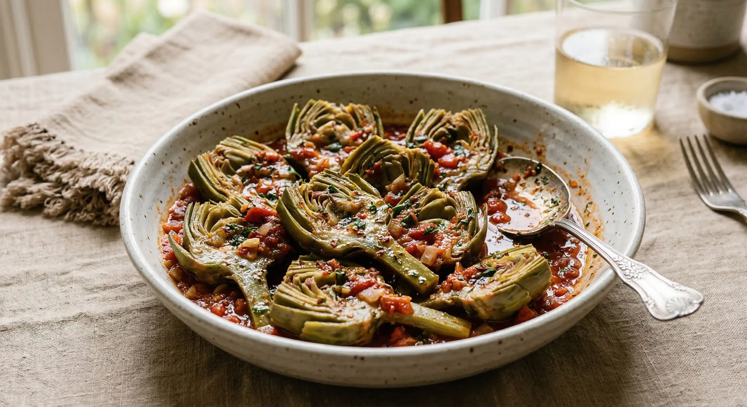 Stunning plated serving of Tomato Braised Artichokes with Anchovy Pesto Rub, a chef-tested recipe by Chef Jorj Morgan.