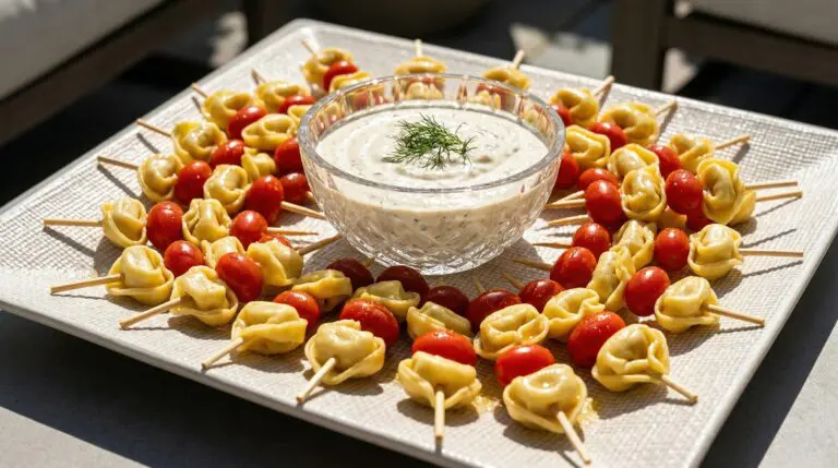 Stunning plated serving of Tortellini Skewers & Parmesan Dip, a chef-tested recipe by Chef Jorj Morgan.