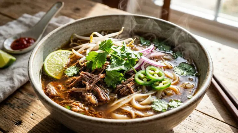 Stunning plated serving of Traditional Vietnamese Beef Pho, a chef-tested recipe by Chef Jorj Morgan.